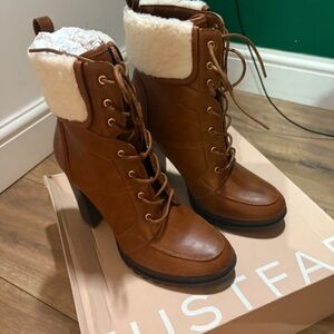 JustFab Brown Heeled Boots with White Cuff